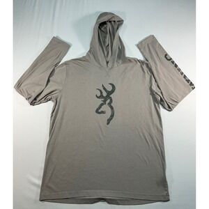 Browning Mens Gray Hooded Long Sleeve Graphic T-Shirt Buckmark Logo Size Large